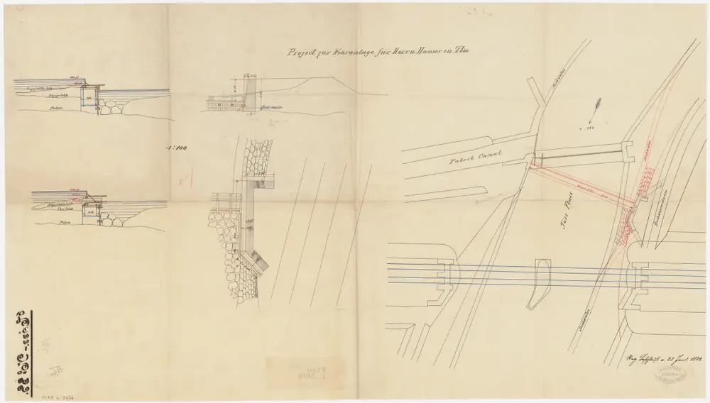 Töss: Töss beim oberen Wehr, projektiertes neues Wehr; Situationsplan, Schnitte und Details (Töss-No. 33)