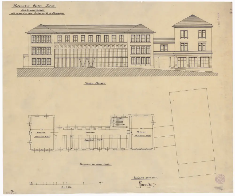 Botanischer Garten, Direktionsgebäude: Aufbau eines neuen Stockwerks für ein Herbarium; Vorderansicht des Gebäudes und Grundriss des neuen Stockwerks