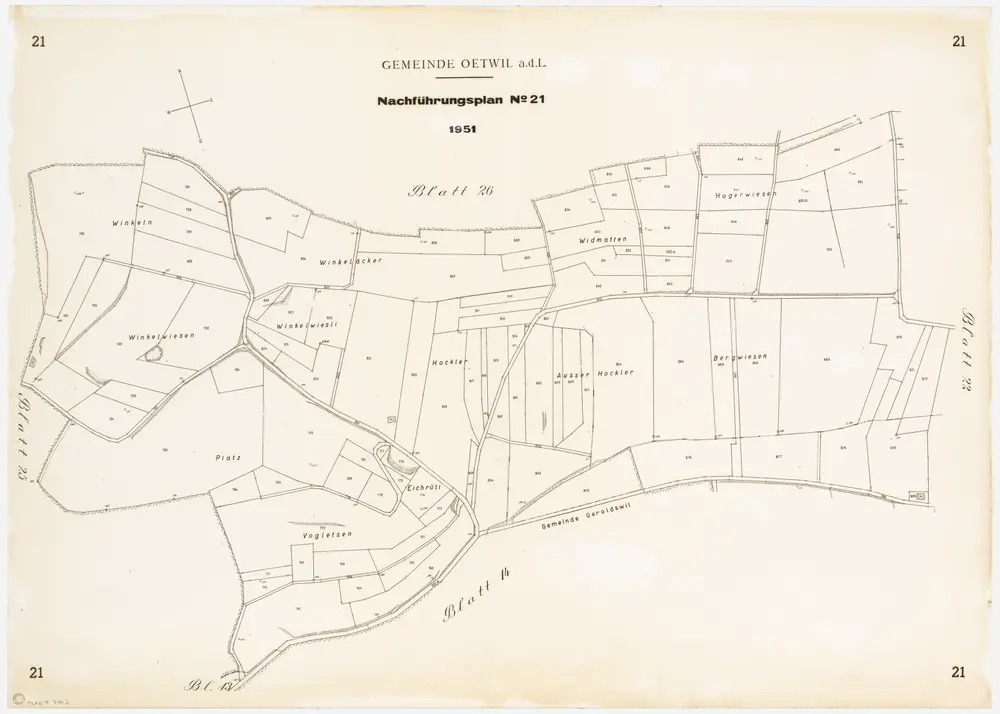Oetwil an der Limmat: Gemeindegüter und Privatwaldungen: Gemeindegüter Winklen, Platz, Fogletzen (Vogletsen), Eichrüti, Hockler, Widmatten, Ausser Hockler, Hogerwiesen, Bergwiesen; Grundriss