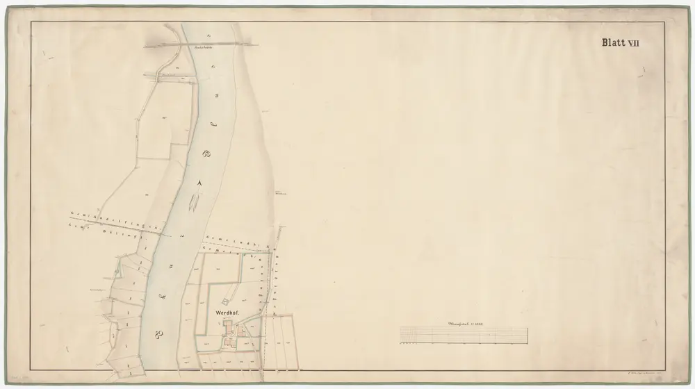 Ossingen, Adlikon, Andelfingen (damals Grossandelfingen), Kleinandelfingen: Von Werdhof bis zur Andelfinger Eisenbahnbrücke, Thurkorrektion, Katasterplan Blatt VII; Situationsplan (Thur-Gebiet Nr. 26 g)