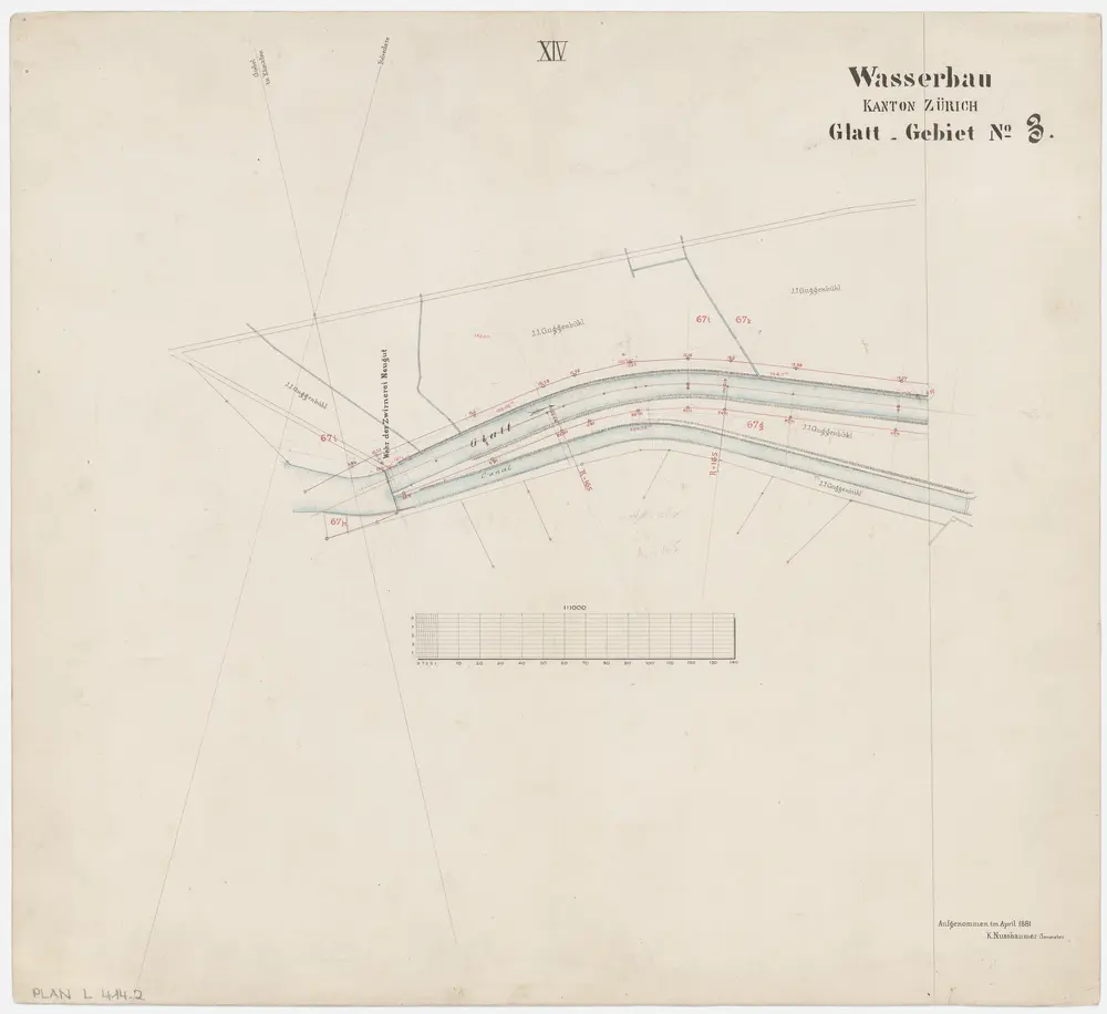 Fällanden bis Wallisellen: Greifensee bis zum Neugut in Wallisellen, projektierte Glattkorrektion; Grundrisse (Glatt-Gebiet Nr. 3): Blatt XIV: Glatt beim Wehr der Zwirnerei im Neugut; Grundriss (Glatt-Gebiet Nr. 3)