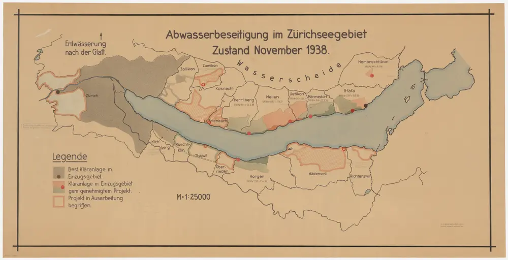 Gemeinden am Zürichsee: Bestehende und projektierte Abwasserreinigungsanlagen, Zustand November 1938; Übersichtskarte