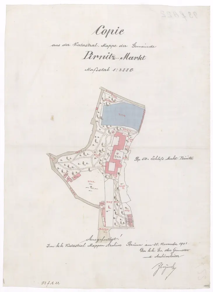 Copie aus der Katastral Mappe der Gemeinde Pirnitz Markt