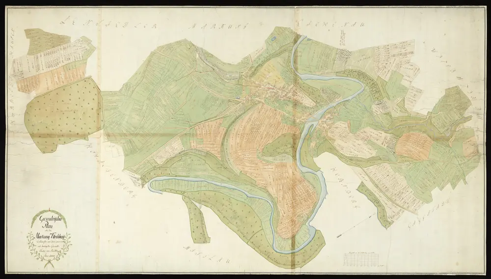 HZAN GA 100_Nr. 177_ : Kirchberg"Geometrischer Plan über die Markung Kirchberg";Geometer Fuchs von Reutlingen;100 Ruten = 12,7 cm [30 cm = 1 km];174,5 x 97 cm; Norden rechts oben;Papier; Federzeichnung; Flur-, Waldstücke und Häuser mit Wasserfarben hervorgehoben; Nummerierung und Meßgehalt; Eintrag der Wasserleitung.