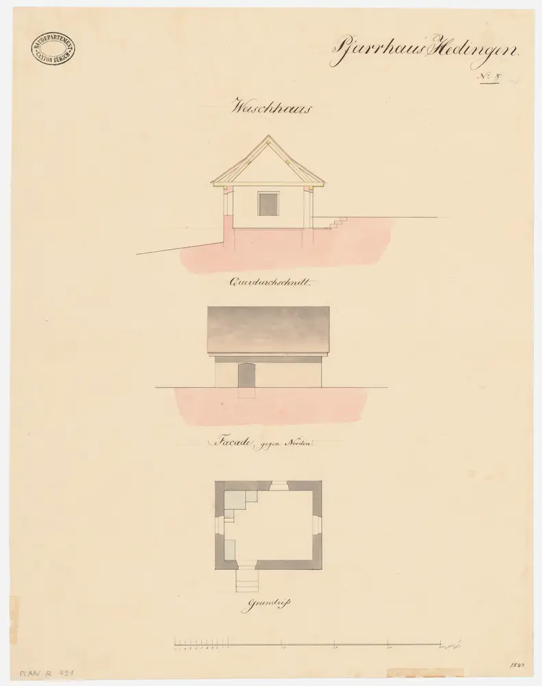 Hedingen: Waschhaus; Grundriss, Querschnitt und Nordansicht