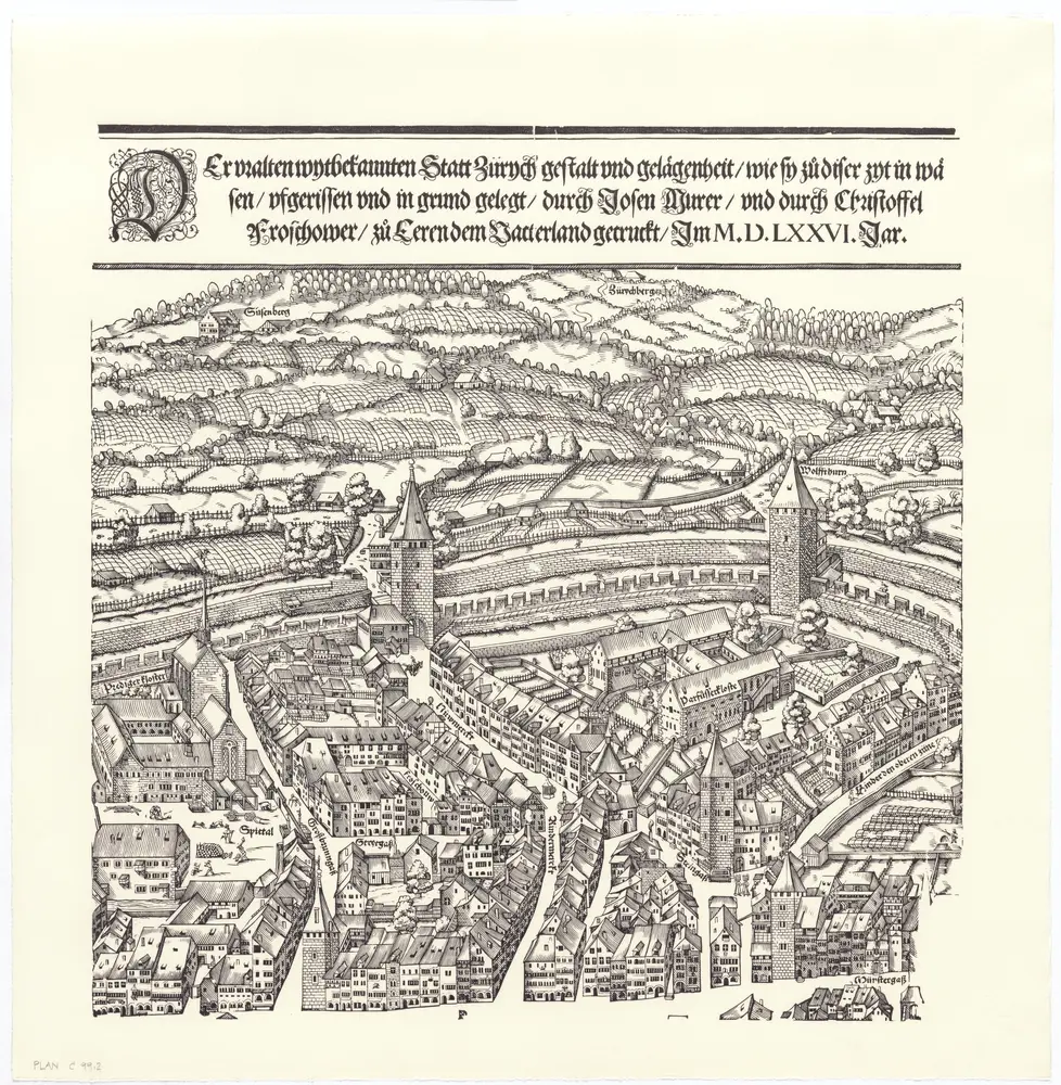 Holzschnitt-Planvedute (Ansichtsplan) der Stadt Zürich (Murer-Plan) von 1576: Blatt 2: Teilplan oben Mitte