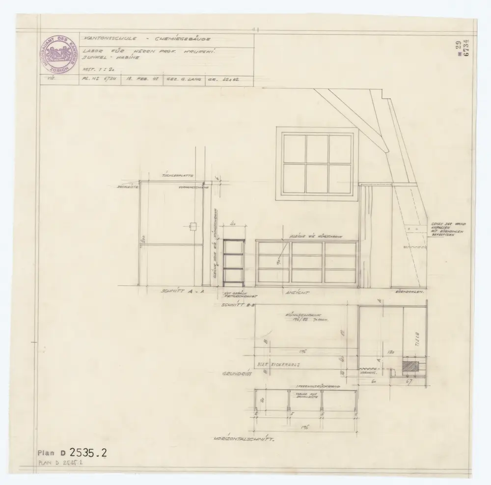 Kantonsschule Zürich, Rämistrasse 76: Einbau eines Laboratoriums im Dachstock: Dunkel-Kabine; Ansicht, Grundriss und Schnitt