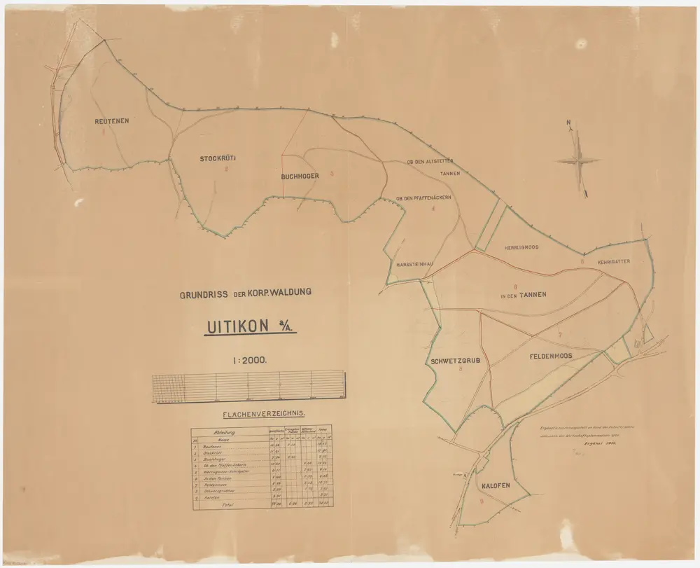 Uitikon: Genossenschaftswaldung: Rütenen (Reutenen), Stockrüti, Ob den Pfaffenächern (Pfaffenäckern), Buechhoger (Buchhoger), Tannen, Feldermoos, Herrligmoos, Cherigatter (Kehrigatter), Schwerzgrueb (Schwetzgrub), Chalofen (Kalofen); Grundriss