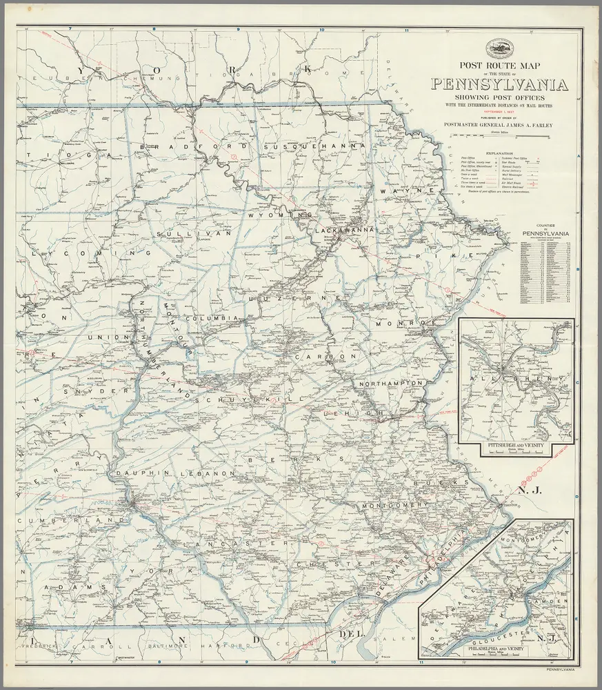 Post Route Map of the State of Pennsylvania (Eastern Sheet) ... September 1, 1937.