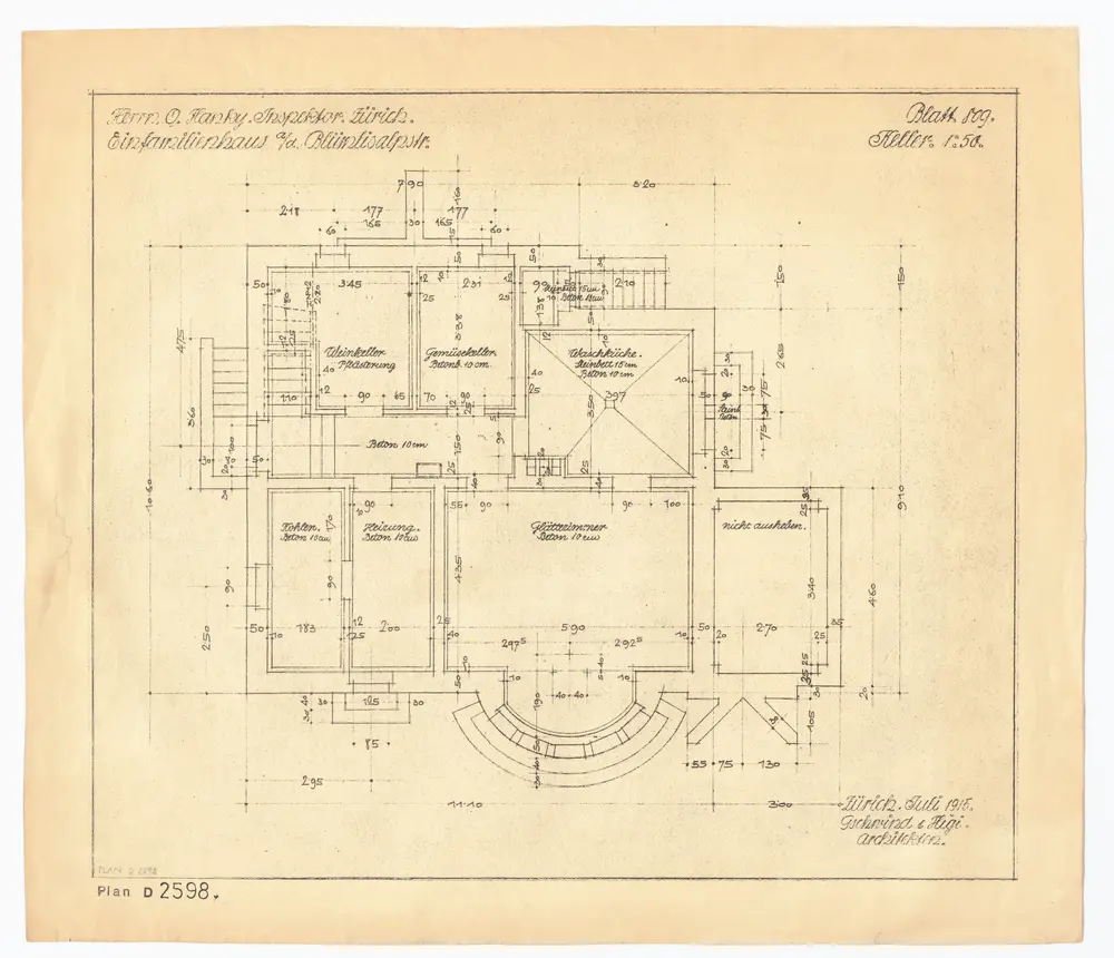 Einfamilienhaus von O. Hanky, Inspektor, Blümlisalpstrasse 47: Keller; Grundriss