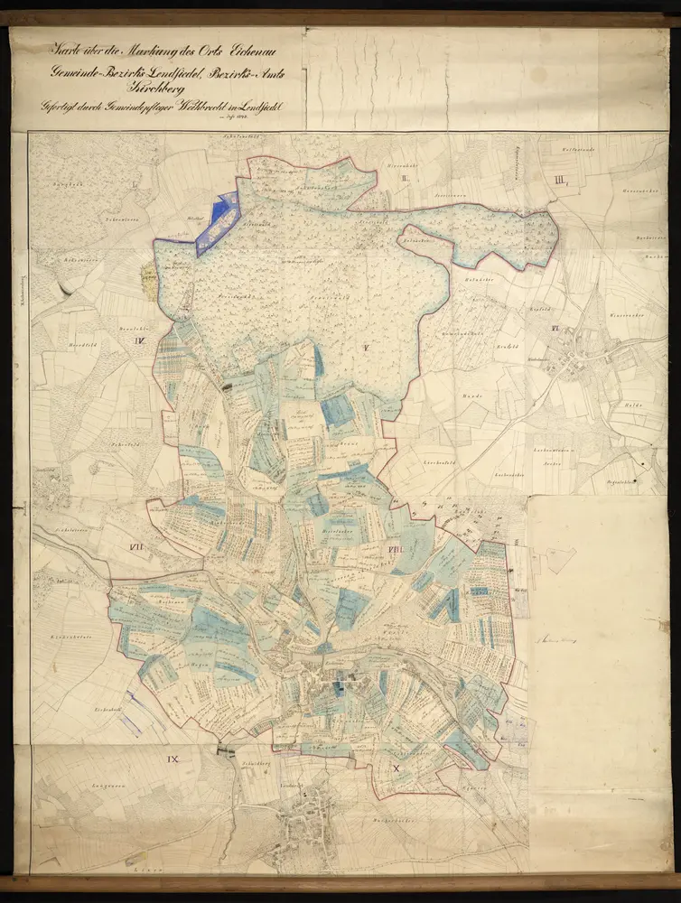 HZAN GA 100_Nr. 61_ : Eichenau; "Markung des Orts Eichenau";Gemeindepfleger Weibrecht, Lendsiedel;Katasterkarte der württembergischen Landesvermessung 1:2.500;Papier auf Leinwand; die Grenzen und Felder farbig hervorgehoben, nummeriert und berechnet.