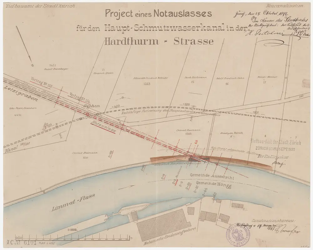 Zürich: Projektierter Notauslass für den Hauptschmutzwasserkanal in die Hardturmstrasse, drittes Projekt; Situationsplan