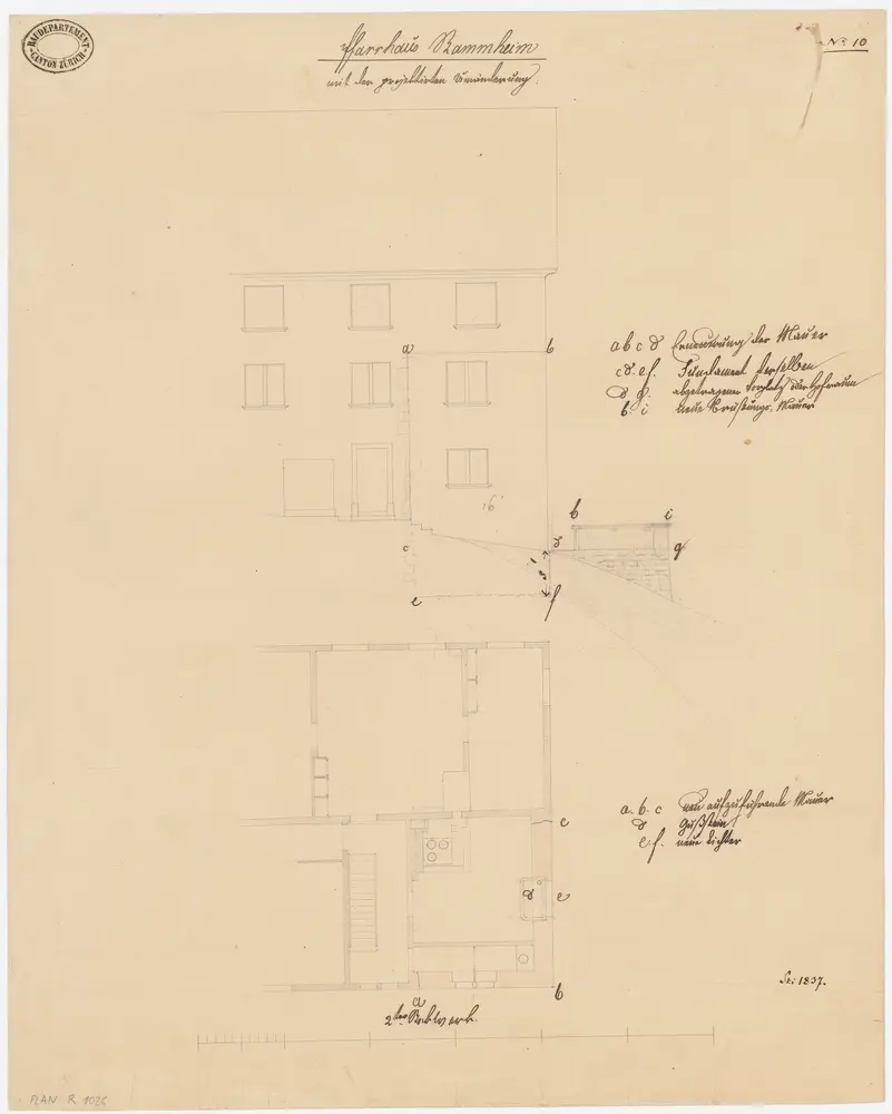 Unterstammheim: Pfarrhaus Stammheim, projektierte Umänderung; Grundriss des 2. Stocks und Nordansicht (Nr. 10)