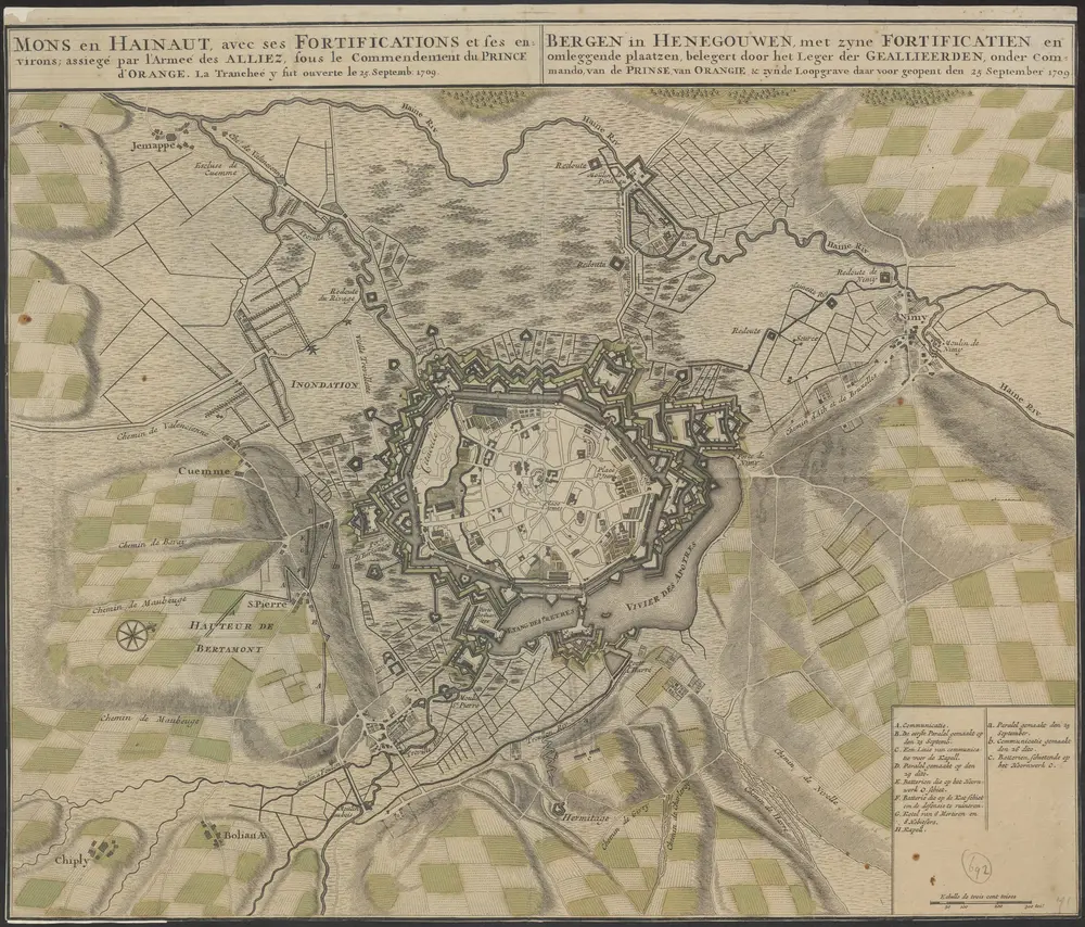 Mons en Hainaut, avec ses fortifications et ses environs: assiegé par l'Armée des Alliez, sous le Commendement du Prince d'Orange : la tranchée y fut ouverte le 25. Septemb. 1709