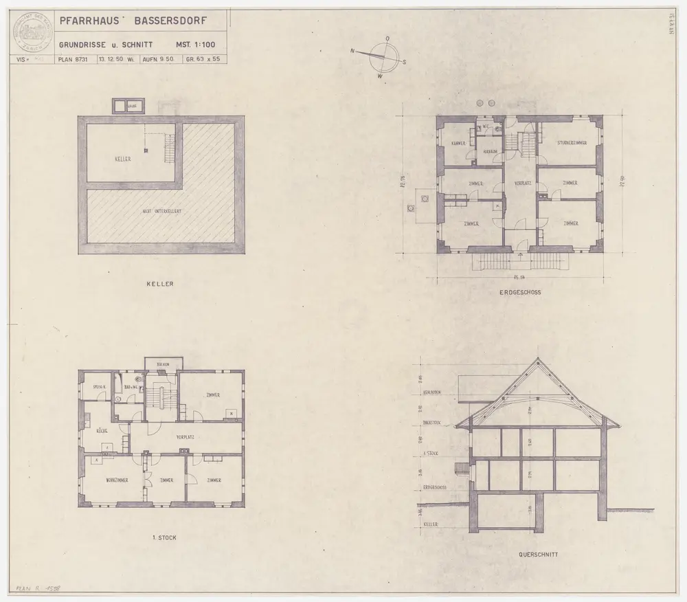 Bassersdorf: Pfarrhaus; Grundrisse des Kellers, Erdgeschosses und 1. Stocks und Querschnitt