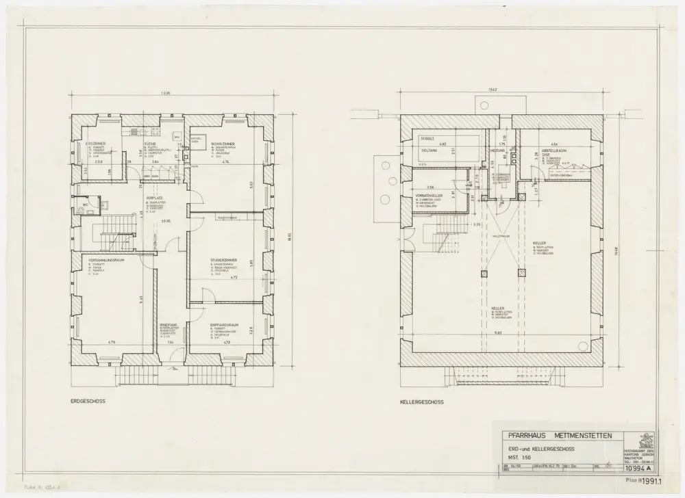 Mettmenstetten: Pfarrhaus: Keller und Erdgeschoss; Grundrisse