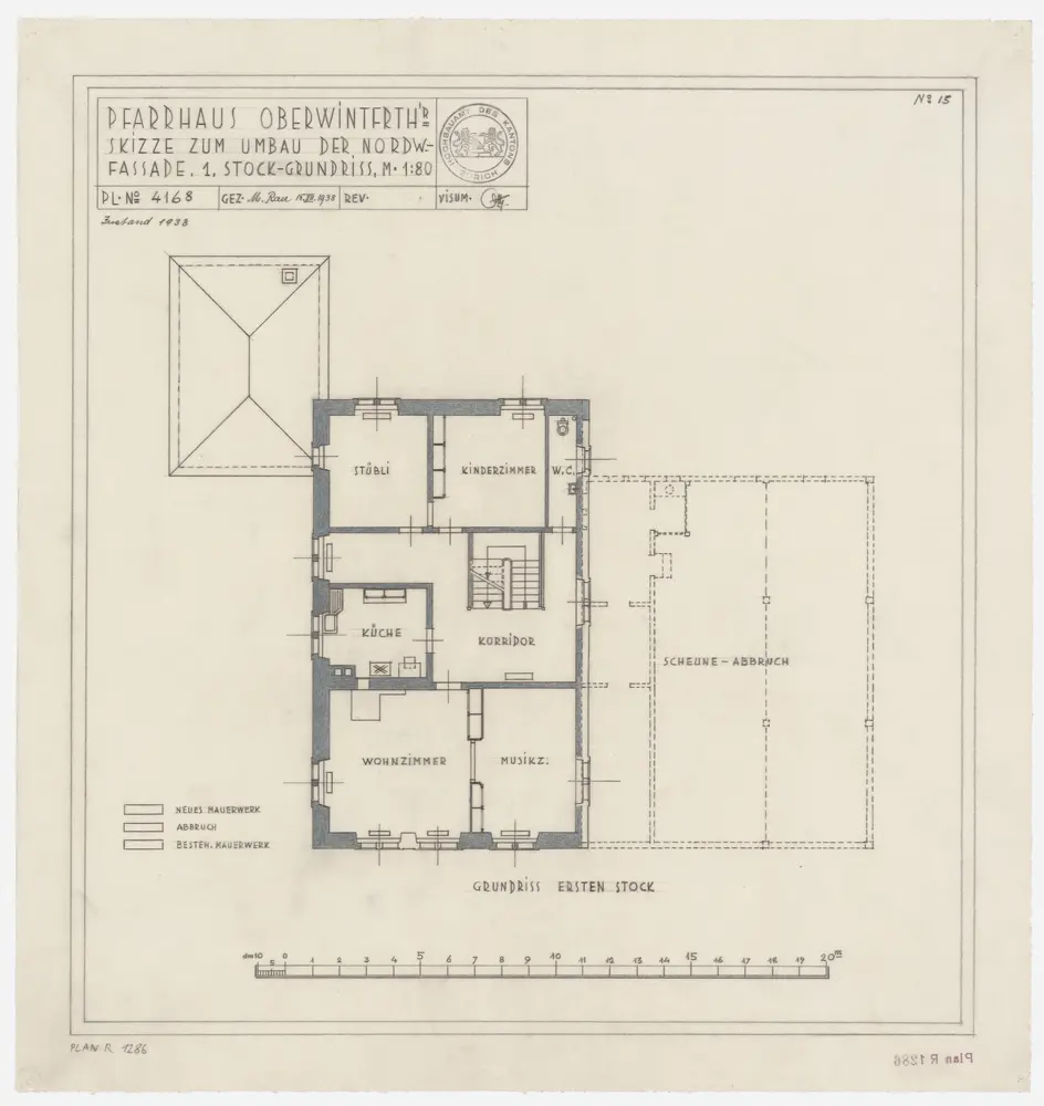 Oberwinterthur: Pfarrhaus, projektierter Umbau der Nordwestfassade, 1. Stock (Variante 1); Grundriss (Nr. 15)