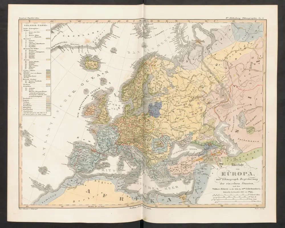 [Übersicht von Europa mit ethnograph. Begränzung der einzelnen Staaten, und den Völker-Sitzen in der Mitte des 19ten Jahrhunderts]