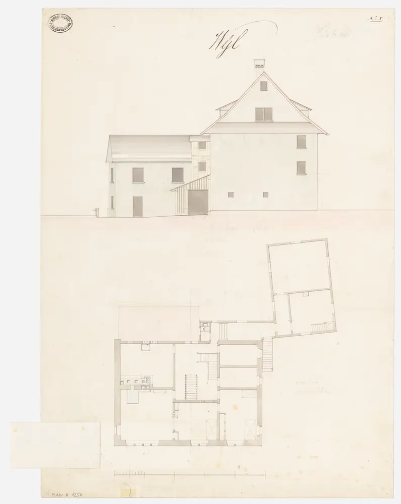 Wil: Pfarrhaus mit Wasch- und Holzhaus; Grundriss des 1. Stocks und Südwestansicht (Nr. 5)