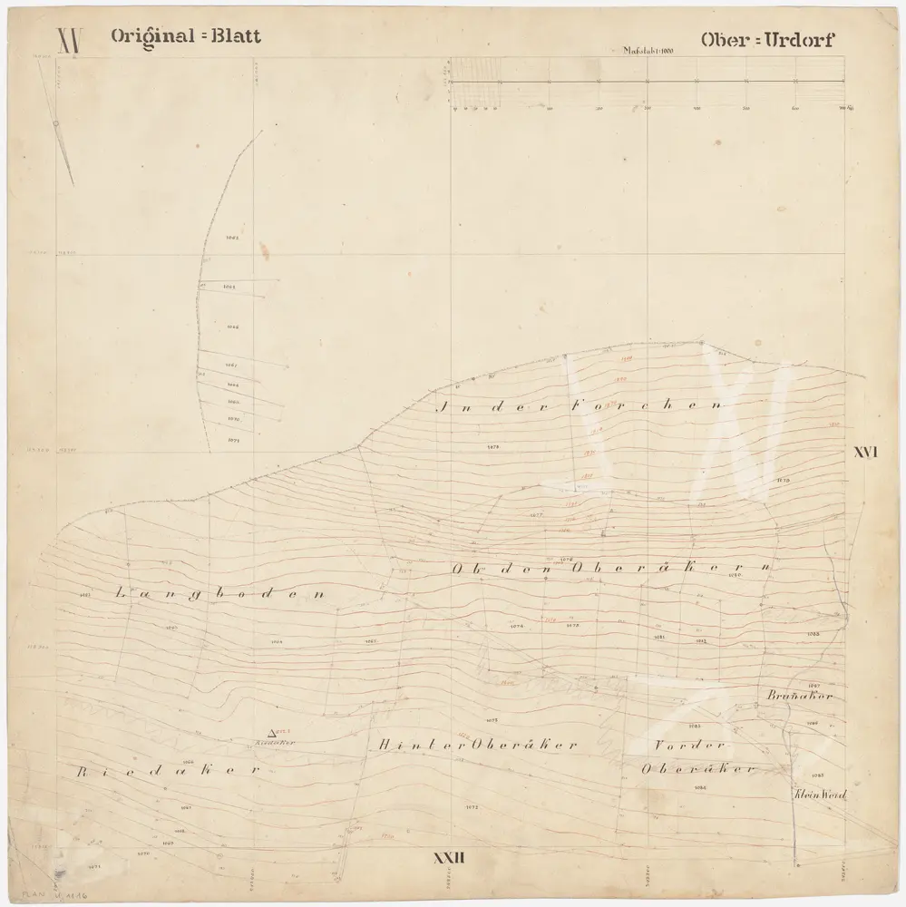 Oberurdorf: Gemeinde; Katasterpläne: Blatt XV: Foren (Forchen), Langenboden (Langboden), Ob den Oberächern, Rietacher (Riedacker), Hinteroberächer, Vorderoberächer, Brunnacher und Chliweidli (Klein Weid); Situationsplan