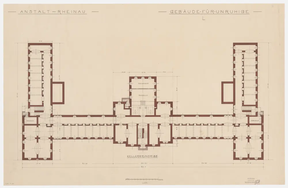 Pflegeanstalt Neu-Rheinau: Gebäude L für Unruhige, Kellergeschoss; Grundriss