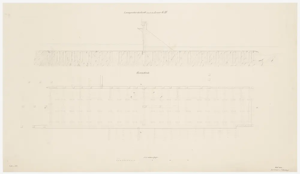 Zürich: Oberer Mühlesteg, Freischleuse; Grundriss und Längsschnitt (Zürichsee-Abfluss Nr. 2 a)