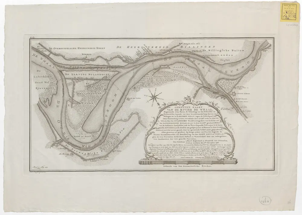 Gemeeten kaart van de rivier de Whaal, beginnende even boven de scheiding van het Kekensche en Bimmensche, lopende van daar benedenwaards langs Herwen en Millingen, tot in den Beneden Whaal tegen de Scheid-paal tusschen Doornenburg en Gent, vervattende de