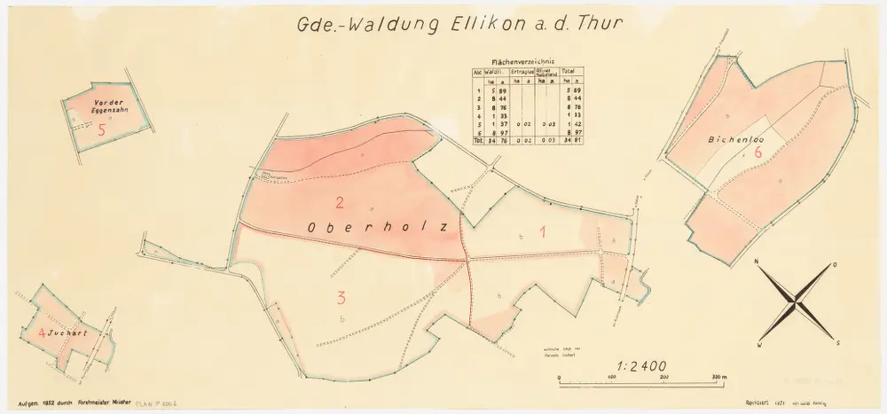 Ellikon an der Thur: Gemeindewaldung: Oberholz, Vorder Eggenzaa, Juchart, Bichenloo; Übersichtsplan