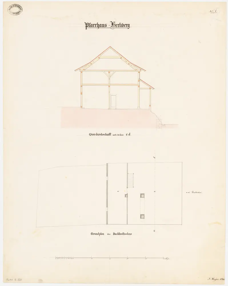 Herrliberg: Pfarrhaus; Querschnitt und Grundriss des Dachgeschosses (Nr. 6)