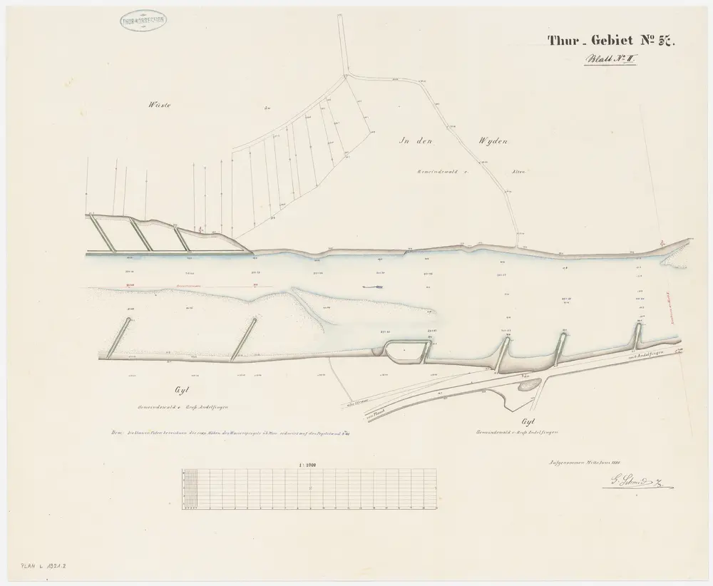 Andelfingen (damals Grossandelfingen), Kleinandelfingen, Flaach: Thur von oberhalb der Andelfinger Eisenbahnbrücke bis zur Einmündung in den Rhein, Thurkorrektion: Blatt II: Flaach, Kleinandelfingen: Bei Wüste, Thurkorrektion; Situationsplan (Thur-Gebiet Nr. 57)