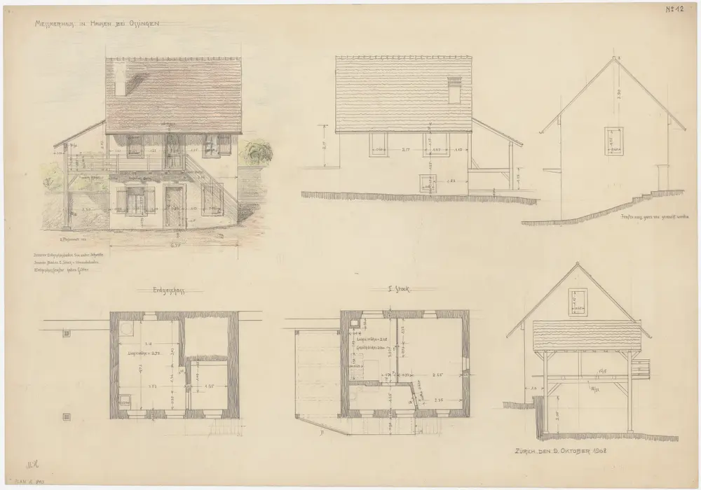 Ossingen: Messmerhaus; Ansichten, Querschnitt und Grundrisse des Erdgeschosses und des 1. Stocks (Nr. 12)