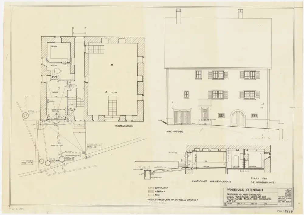 Ottenbach: Pfarrhaus, Garageneinbau und Vorplatz mit Kanalisation; Grundriss, Nordansicht und Längsschnitt