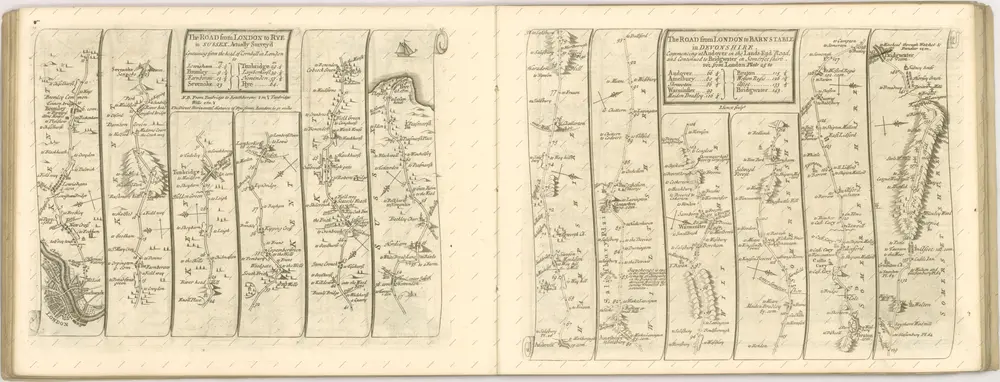 mapa z atlasu "The Roads through England delineated or, Ogilby ́s Survey, Revised, Improved, and Reduced to a Size portable for the Pocket By John Senex F, R, S. Being an Actual Survey of all the Principal Roads of England, And Wales, Distinctly laid down on one hundred "