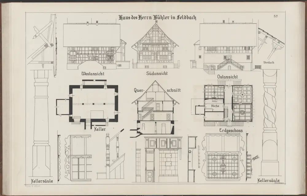 Das Bauernhaus im Kanton Zürich: Hombrechtikon: Haus von Herrn Bühler in Feldbach; Ansichten, Grundrisse und Querschnitt (Nr. 37)