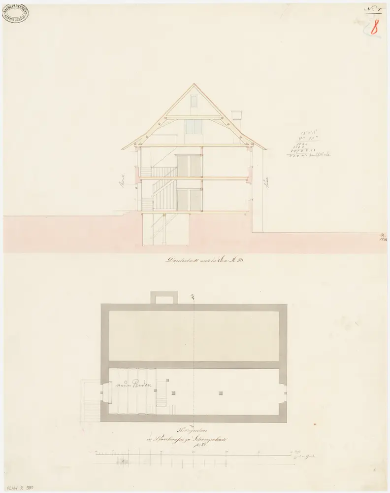 Schwerzenbach: Pfarrhaus; Grundriss des Kellers und Querschnitt (Nr. 8)