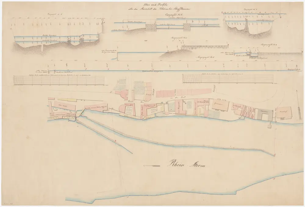 Schaffhausen: Rechtes Rheinufer oberhalb der oberen Mühle, Strombett; Situationsplan, Längsprofil, Querprofile (Rhein-Gebiet Nr. 10)