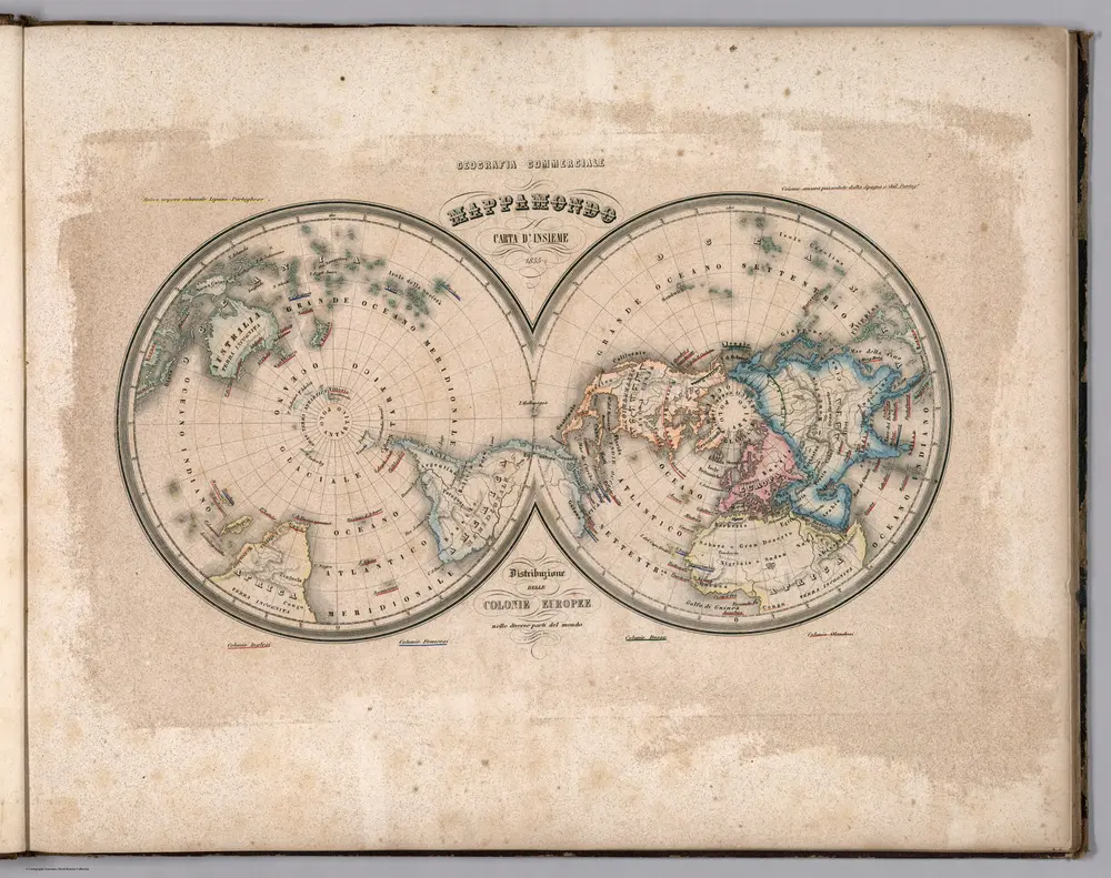 2.  Mappamondo Carte d'Insieme.  1855.  Distribuzione delle Colonie Europee.