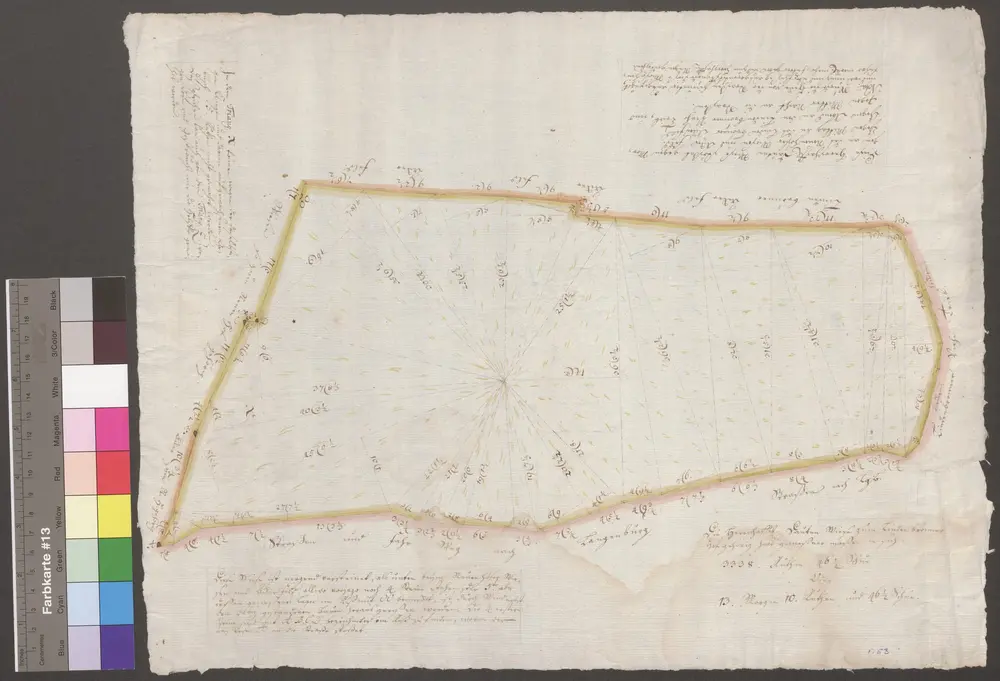 HZAN GA 100_Nr. 249_ : Langenburg; "Die herrschaftliche Dautenwiese, zum Lindenbronner Hof gehörig";[Rübel];ohne Maßstab;44 x 34 cm;Papier; Federzeichnung; Grenzen in Wasserfarben; Grundstück zur Vermessung eingeteilt.