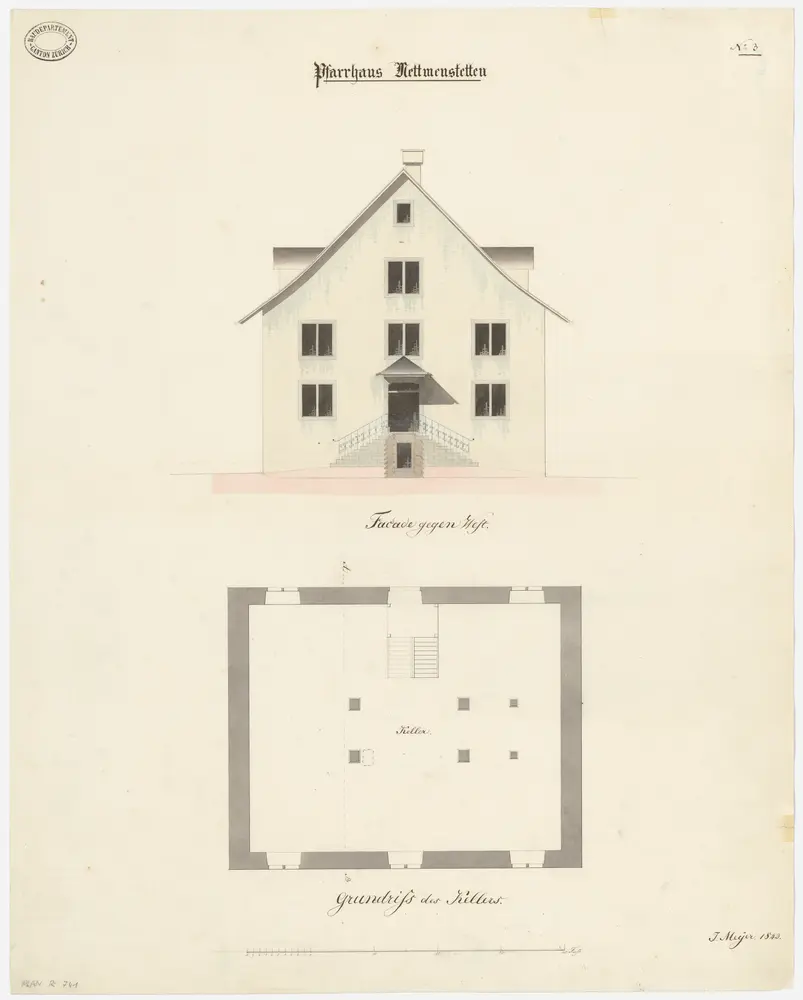 Mettmenstetten: Pfarrhaus; Westansicht und Grundriss des Kellers (Nr. 3)