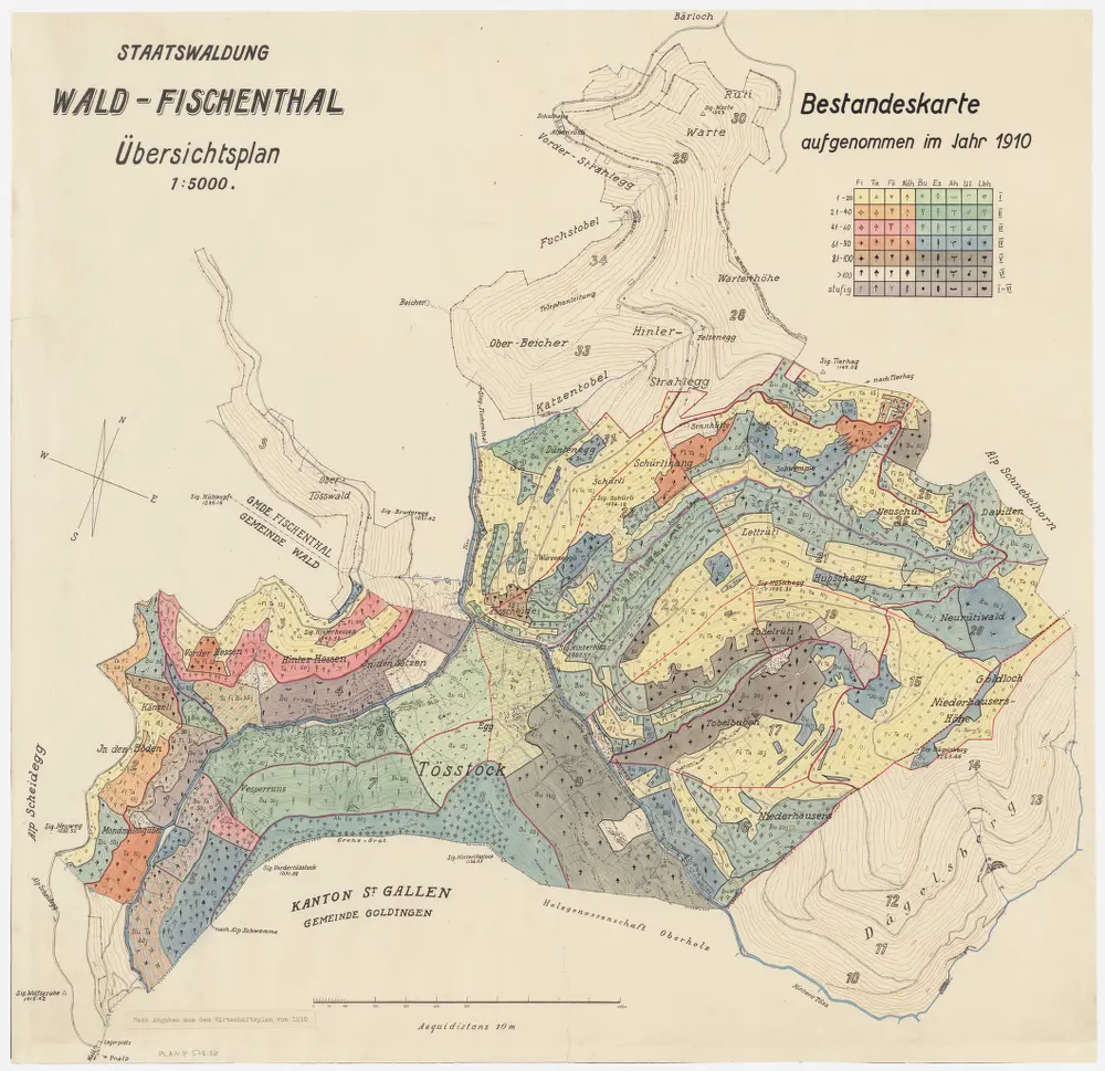 Wald, Fischenthal, Goldingen SG: Waldungen: Wald, Fischenthal: Staatswaldungen Vorderhessen, Hinterhessen, Momilchgubel (Mondmilchgubel), Väsperrous (Vesperruns), Tössstock, Niderhusers (Niederhausers), Schürli, Hübschegg, Tobelbueben; Übersichtsplan (Bestandeskarte)