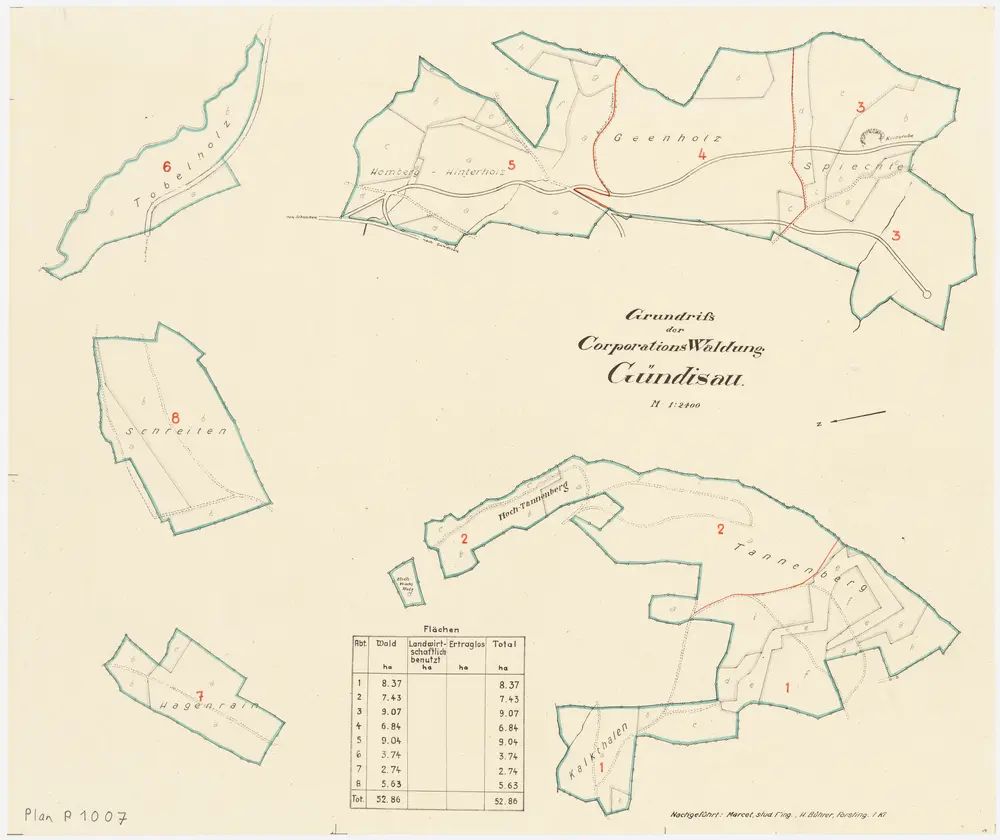 Russikon: Genossenschaftswaldung Gündisau mit Chalchtharen (Kalkthalen), Tannenberg, Spiechtel, Geen (Geenholz), Tobelholz, Schriten (Schreiten), Hagenrain; Grundrisse