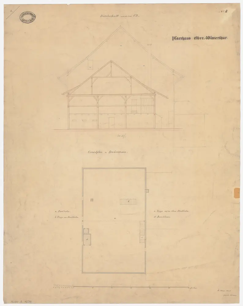 Oberwinterthur: Pfarrhaus mit angebautem Ökonomiegebäude; Grundriss des Dachgeschosses und Querschnitt des Ökonomiegebäudes (Nr. 8)