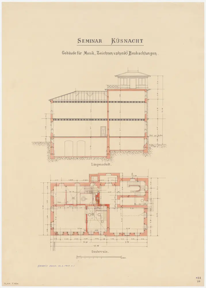 Küsnacht: Lehrerseminar; Gebäude für Musik, Zeichnen und physikalische Beobachtungen; Längsschnitt und Grundriss des Untergeschosses