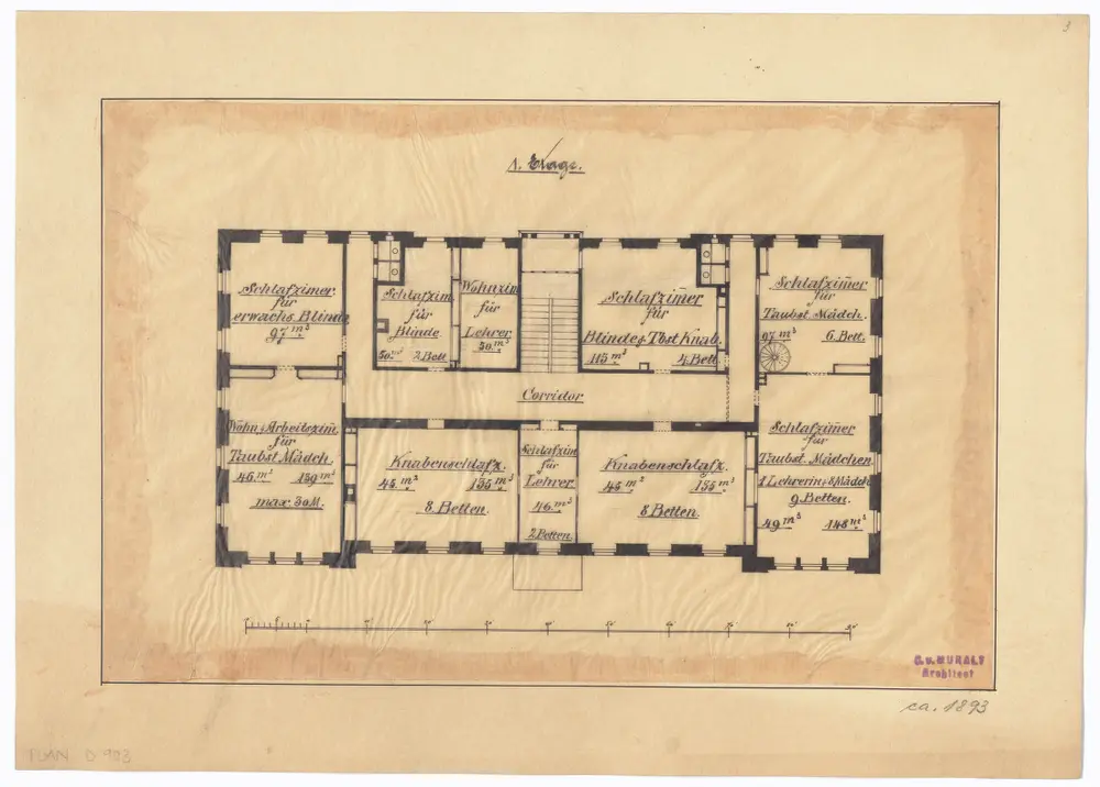 Blinden- und Taubstummenanstalt, Künstlergasse: Aufbau-Studie; 1. Stock; Grundriss