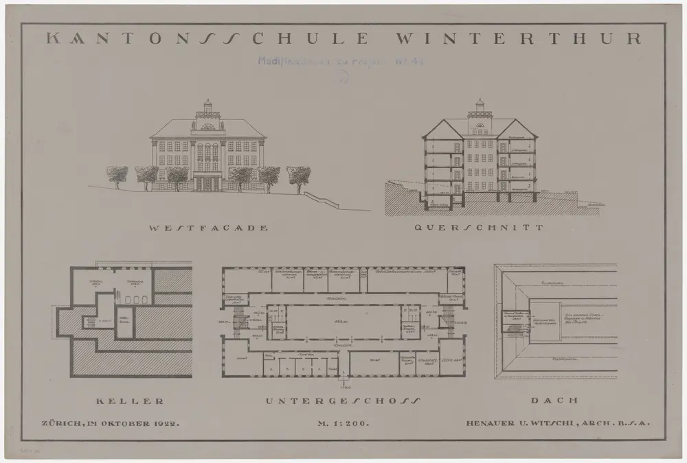 Winterthur: Kantonsschule; Projekt Besebummel; Querschnitt des Gebäudes, Ansicht der Westfassade sowie Grundrisse der Keller-, Unter- und Dachgeschosse