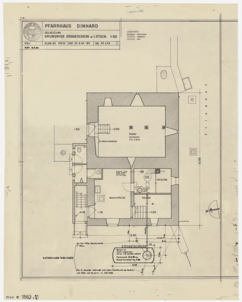 Dinhard: Pfarrhaus, Einbau einer Ölheizung: Erdgeschoss mit Keller; Grundriss