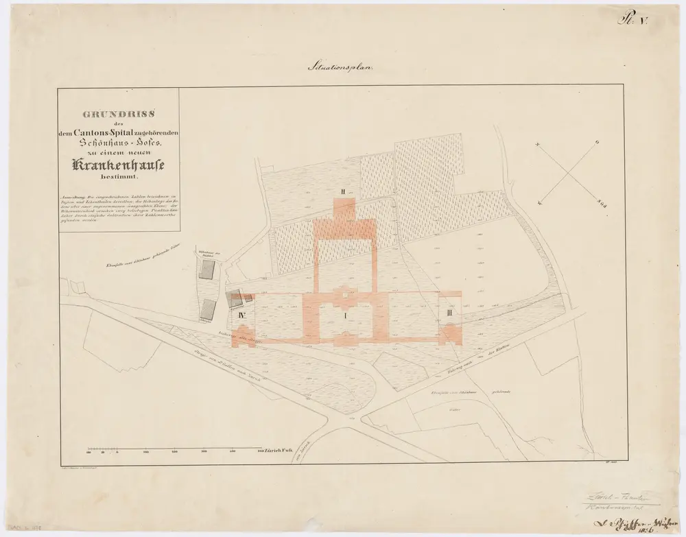 Fluntern: Zum Kantonsspital Zürich gehörender Schönhaus-Hof, mit projektiertem Krankenhaus; Grundriss