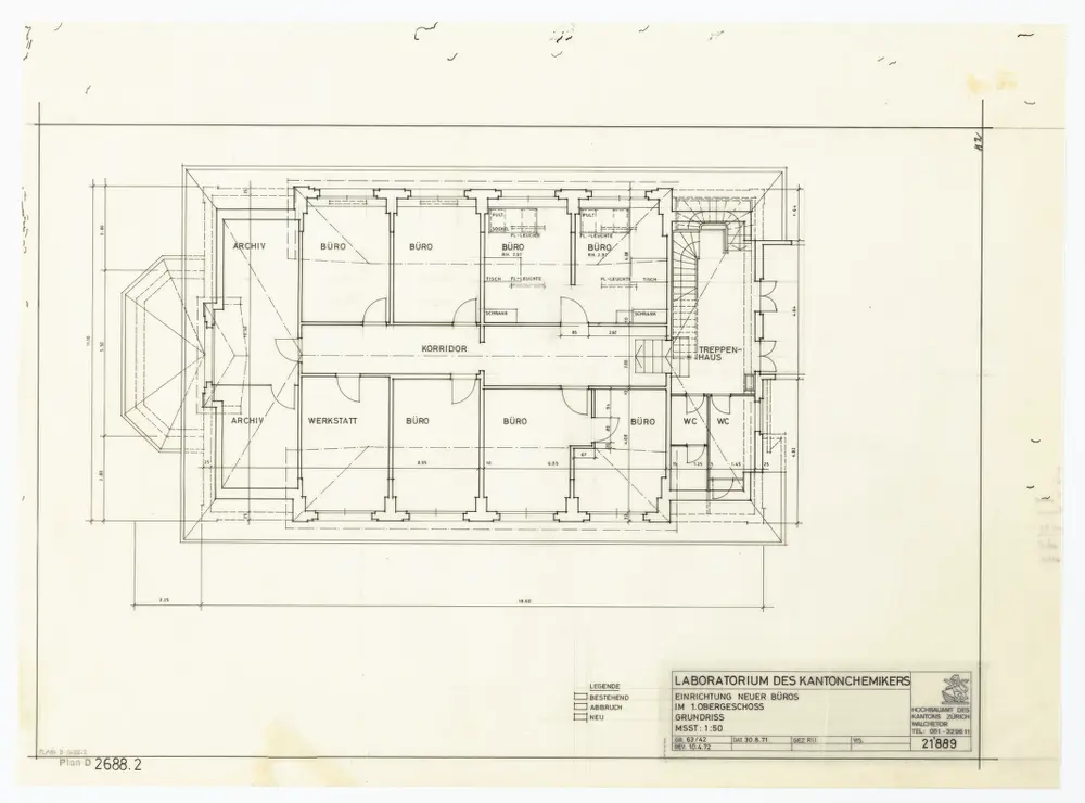 Laboratorium des Kantonschemikers, Fehrenstrasse 15: Grundrisse: 1. Stock, Einrichtung neuer Büros; Grundriss