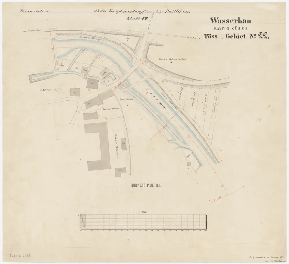 Wülflingen: Bei der Bodmermühle (später Wespimühle), Tösskorrektion; Situationsplan (Töss-Gebiet Nr. 22, Blatt 12)