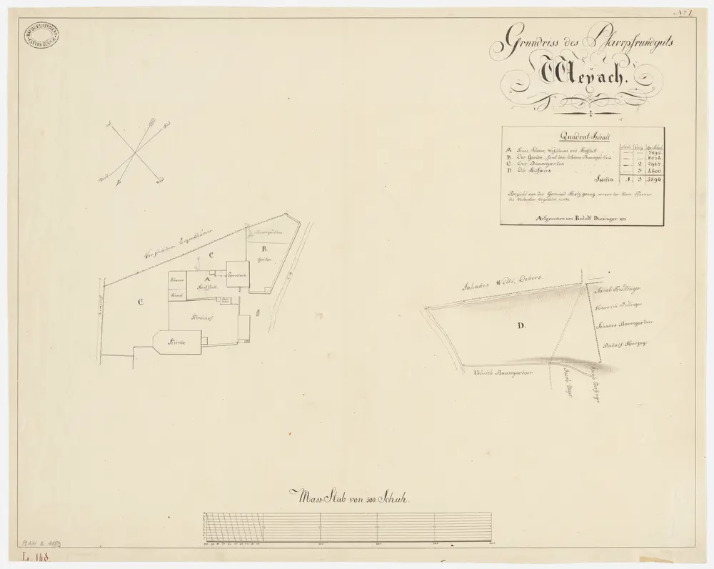 Weiach: Pfrundgüter Garten und Baumgarten bei Kirche und Pfarrhaus und Hofwies; Grundrisse (Nr. 1)